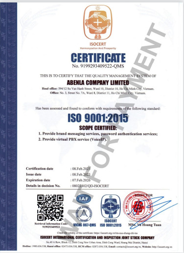 Chứng chỉ ISO 9001 ABENLA