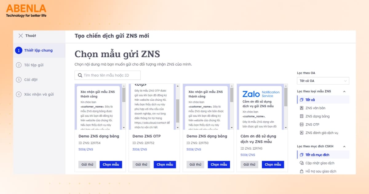 Chọn mẫu tin nhắn ZNS