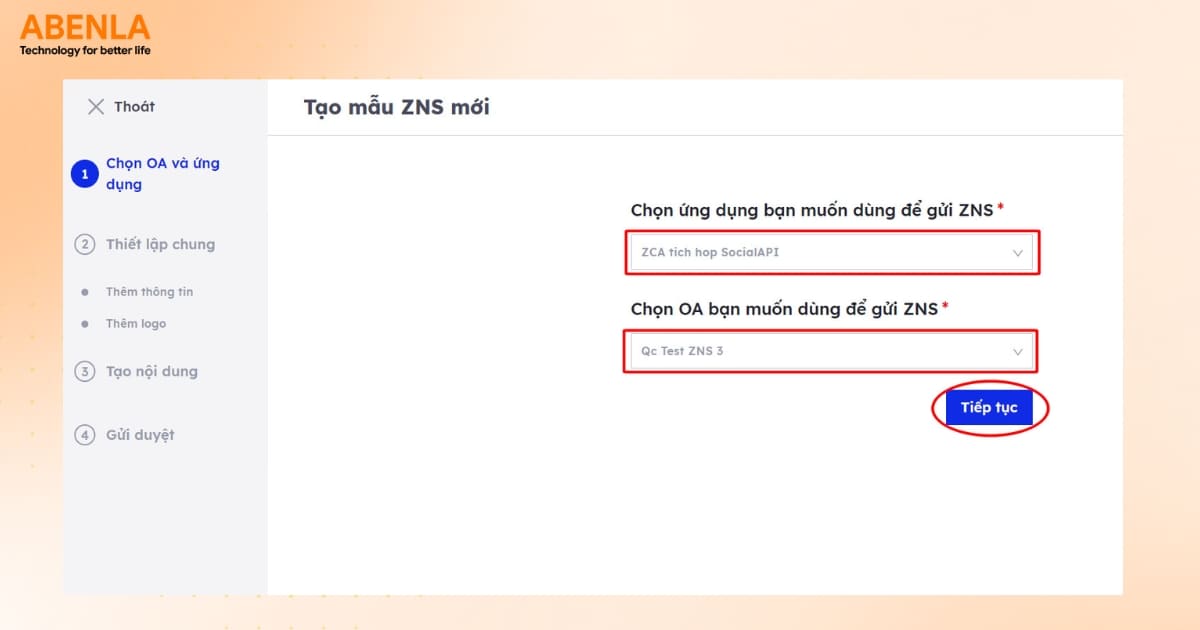 Chọn OA và ứng dụng tương ứng