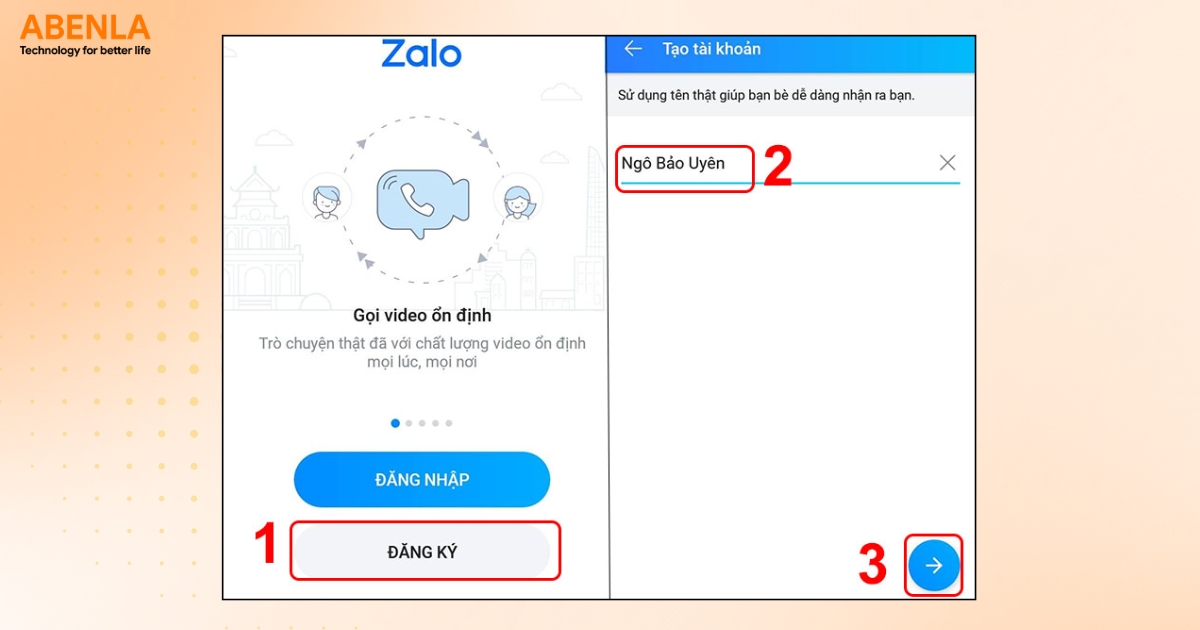 Đăng ký Zalo mới trên ứng dụng