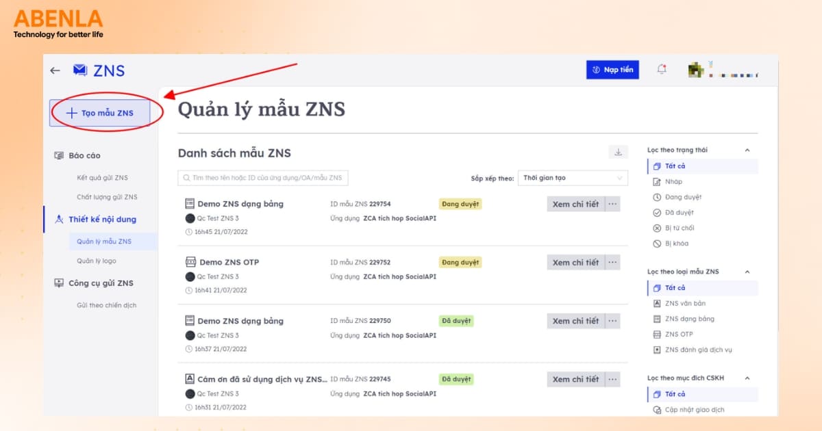 Truy cập công cụ tạo mẫu ZNS trên Zalo Cloud