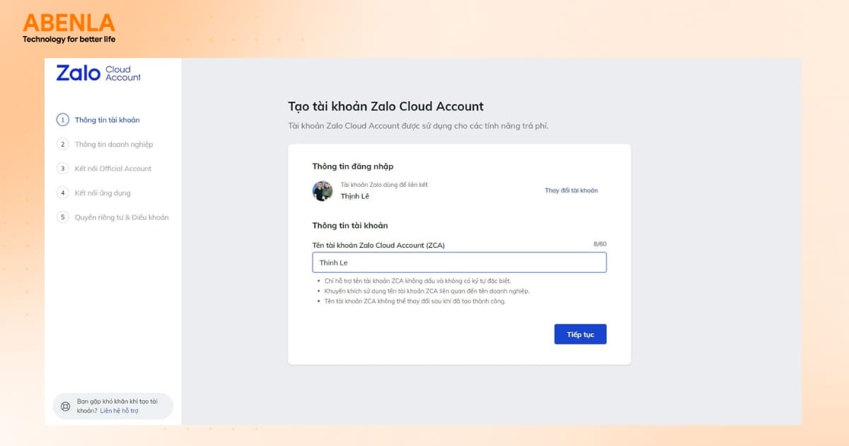 Bước 1: Mở trang đăng ký tài khoản Zalo Cloud Account