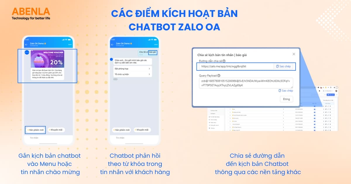 Các điểm kích hoạt bản chatbot trên Zalo OA