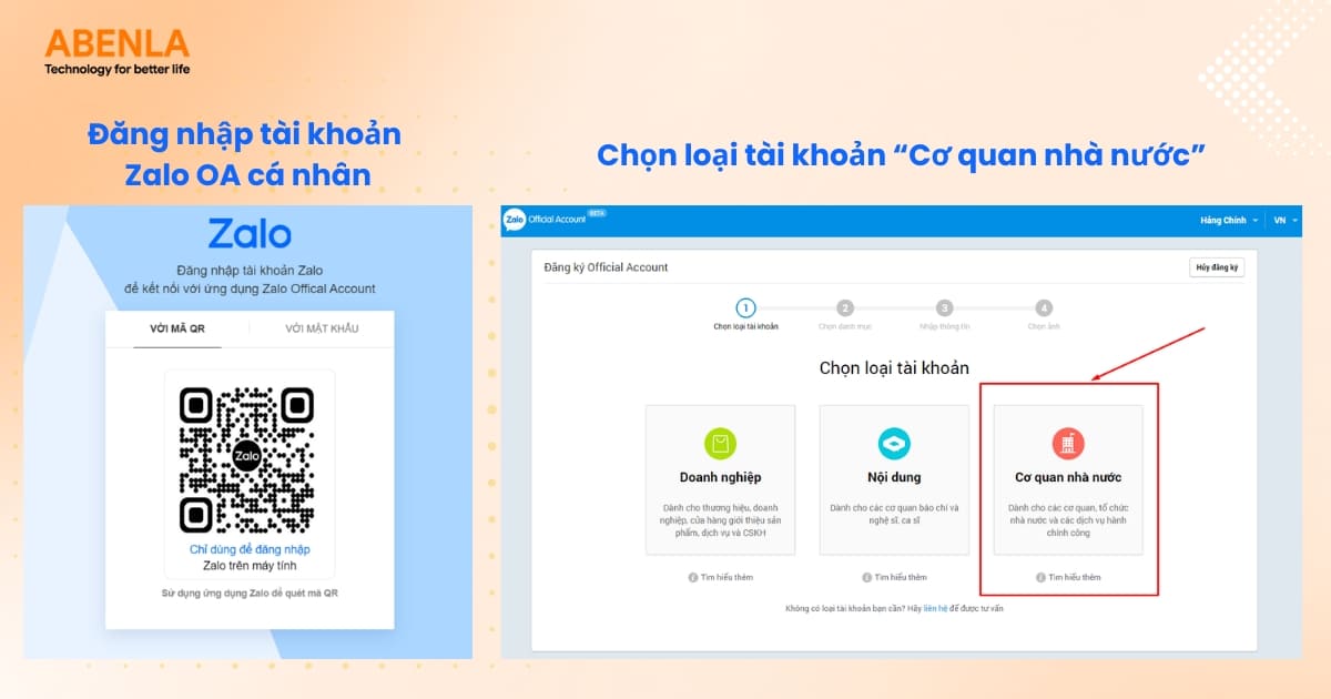 Đăng nhập tài khoản và chọn loại OA “Cơ quan nhà nước”