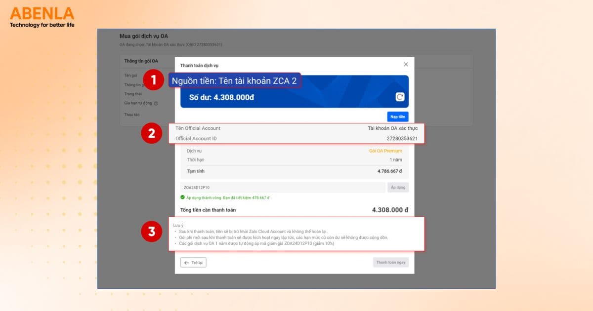 Màn hình thanh toán khi mua Gói Premium 12 tháng