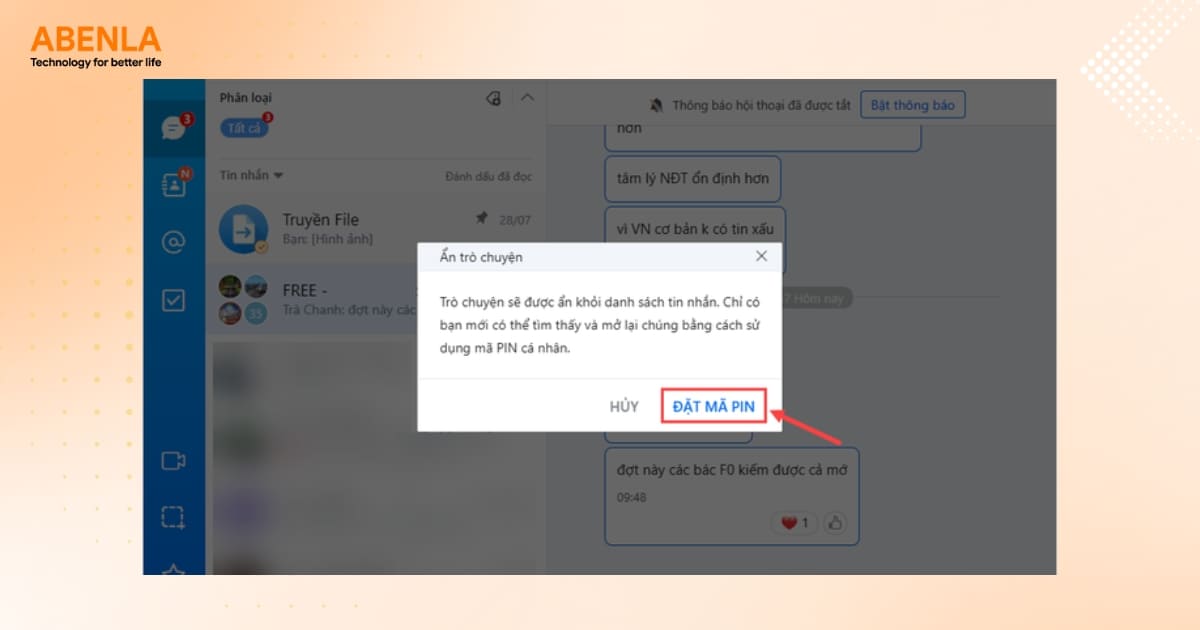 Thiết lập mã PIN để hoàn tất cách ẩn tin nhắn Zalo