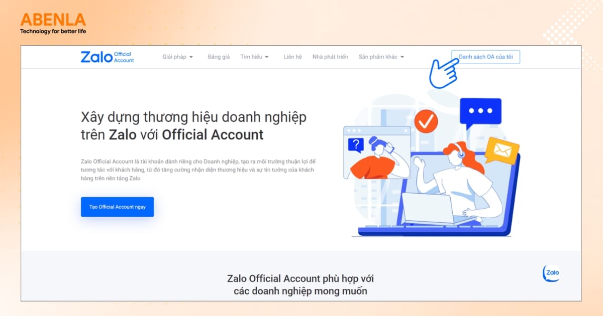 Truy cập vào trang web Zalo OA