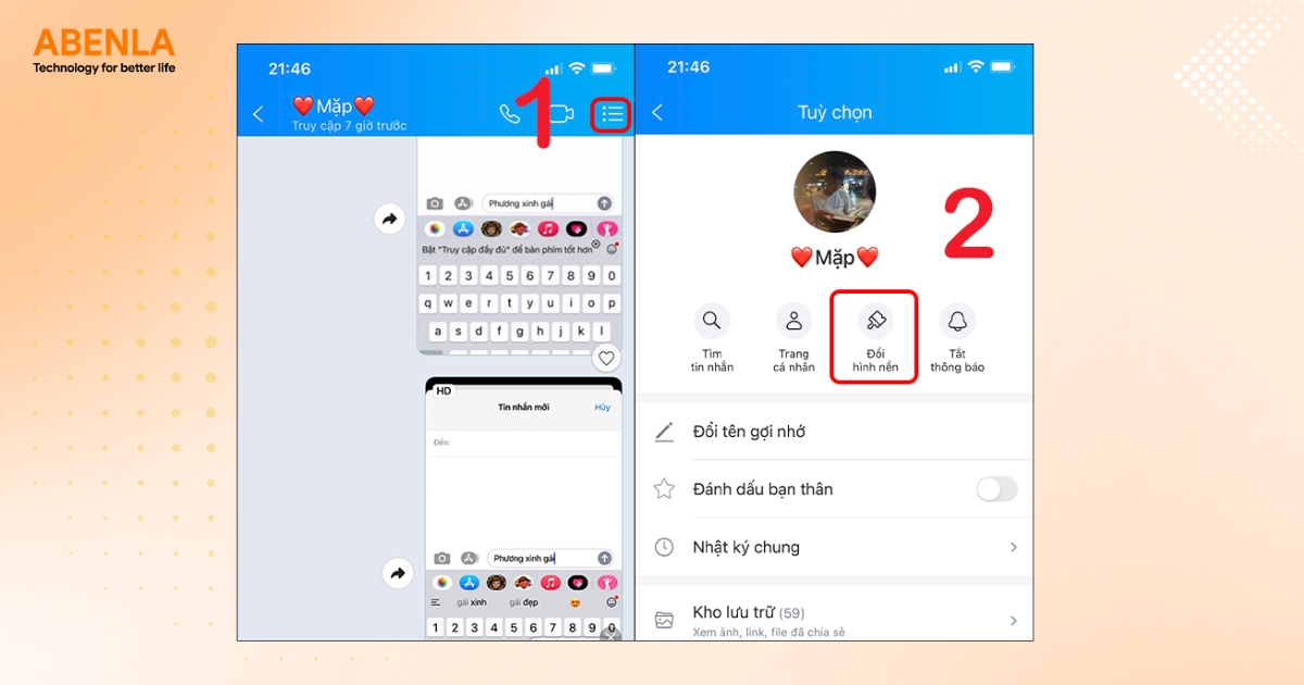 Vào cài đặt cuộc trò chuyện và chọn "Đổi hình nền"